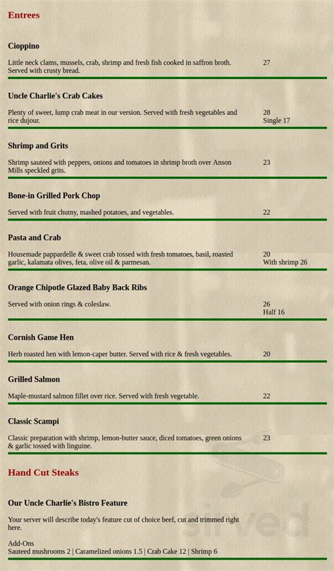 Sunday and Monday - Closed. . Uncle charlies bistro menu